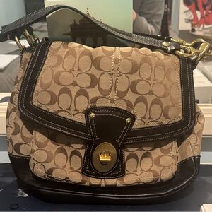 Coach Khaki and Brown Signature Canvas Shoulder Bag